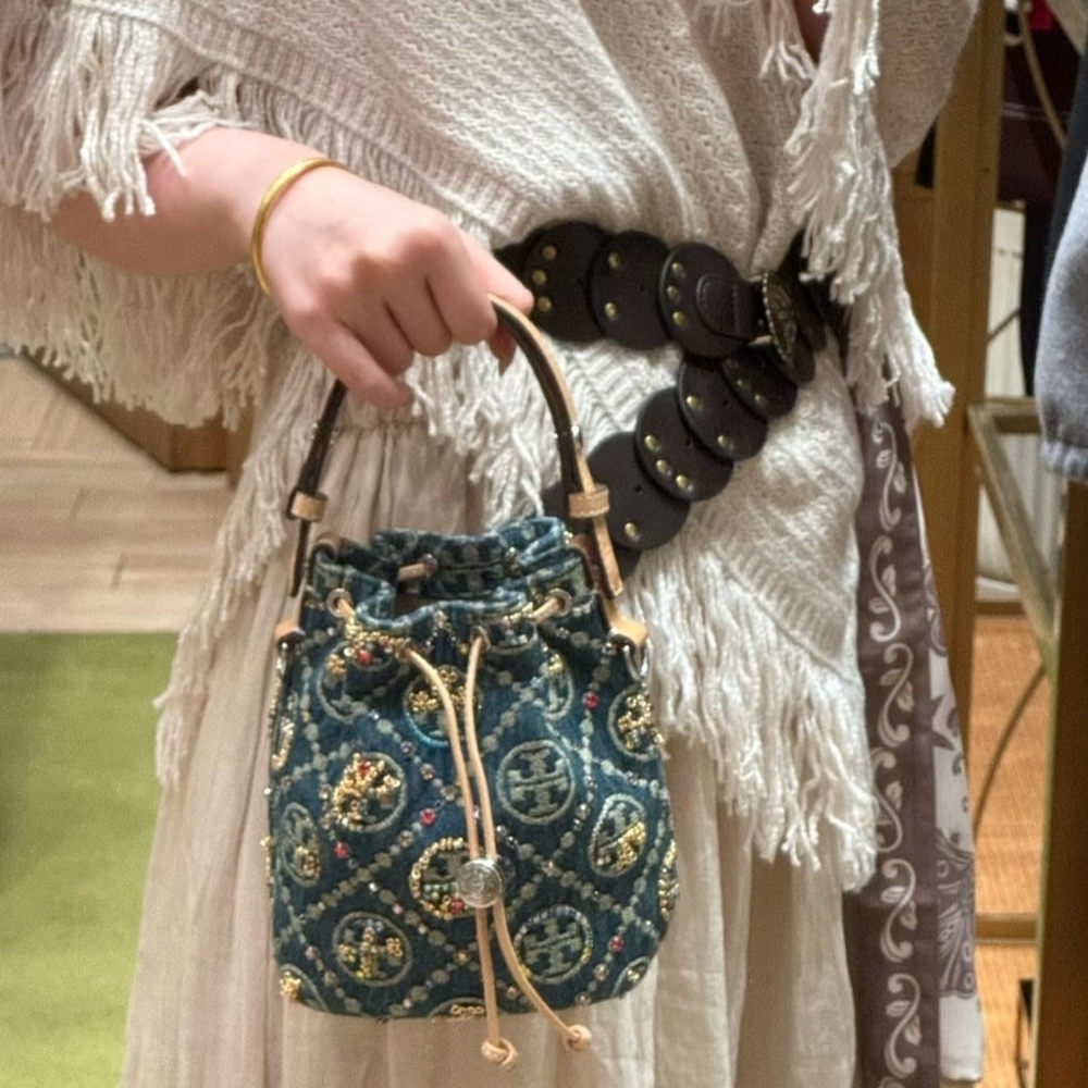 Tory Burch Teal Embellished Drawstring Mini Bucket Bag